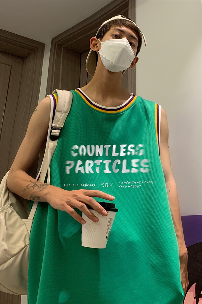 港风纯棉夏季休闲拼色螺纹印花网眼篮球背心男女T6929P35控48,男装背心/马甲,电商A268A