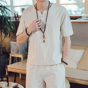 DY16*夏季2021男士棉麻短袖T恤套装长裤两件套装男 灰蓝 *P55图片
