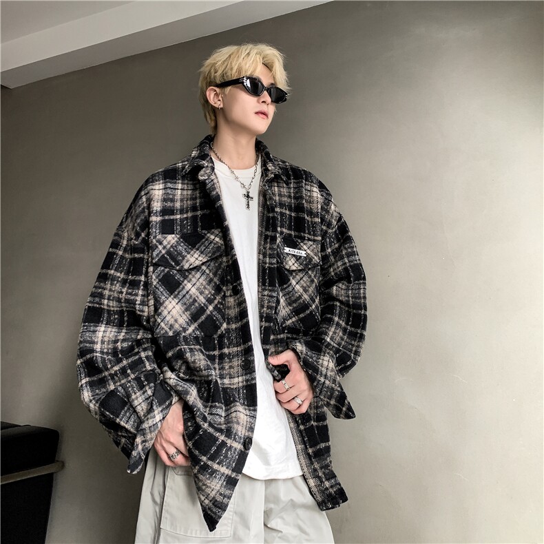 现货~贴布绣格子衬衣宽松复古外套潮XZ609-WT2351加棉-P80-控128,男装衬衫,星座609