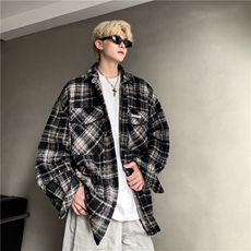 现货~贴布绣格子衬衣宽松复古外套潮XZ609-WT2351加棉-P80-控128，男装衬衫，星座609