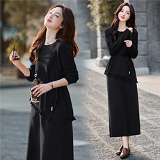 【现货】2025年秋季新款流苏不规则毛衣半身裙套装配腰绳显瘦，女装套装/套裙，乐吉娜