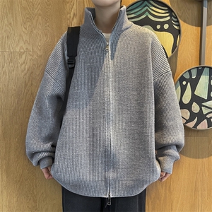 开衫双拉链毛衣男秋冬季潮牌设计感针织外套立领休闲情侣上衣图片