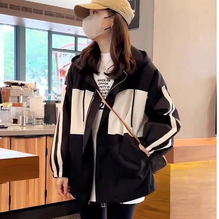 连帽撞色冲锋衣夹棉外套女2025春秋季新款休闲棒球服拼接上衣图片