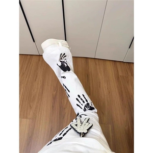 美式高街潮牌痞帅手掌印花白色男女hiphop潮牌炸街微喇长裤图片