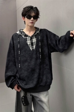 WY10150-特批50控98新款小众撞色拼接格子假两件大帽子卫衣，男装卫衣，电商A059