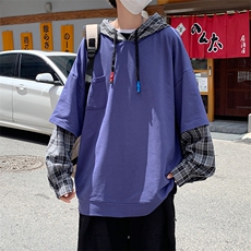 原宿风春秋季港风男休闲连帽卫衣假两件格子外套男女潮W1547-P40，男装卫衣，星座512-2