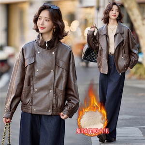 2025冬新加绒仿真皮皮衣女杨树林机车夹克宽松廓形泡皮短款外套图片