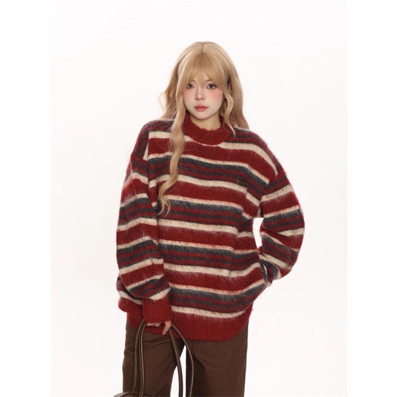 秋季美式复古宽松学院风条纹圆领美式慵懒风百搭针织衫毛衣男女潮，男装针织衫/毛衣，星座1210-1