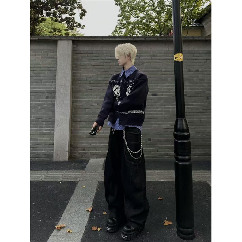 网图藏青色费尔岛毛衣开衫男美式复古情侣针织衫外套MY5333-特P60,男装针织衫/毛衣,星座1007（原301D）