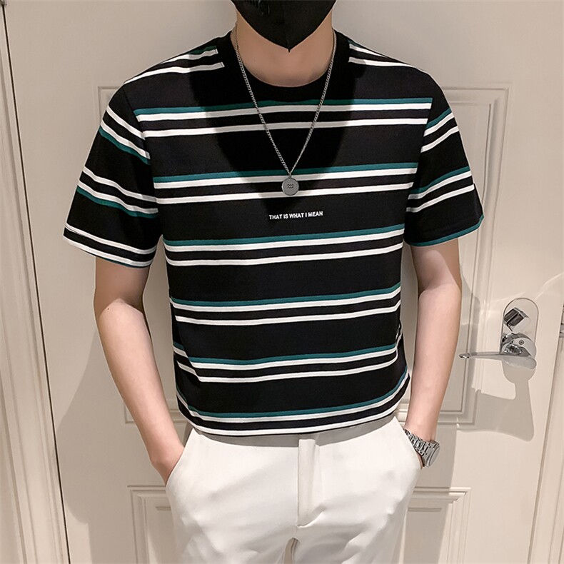 黑色2023精神小伙修身男士圆领条纹短袖T恤打底衫潮T096-P48控68，男装T恤，电商A108
