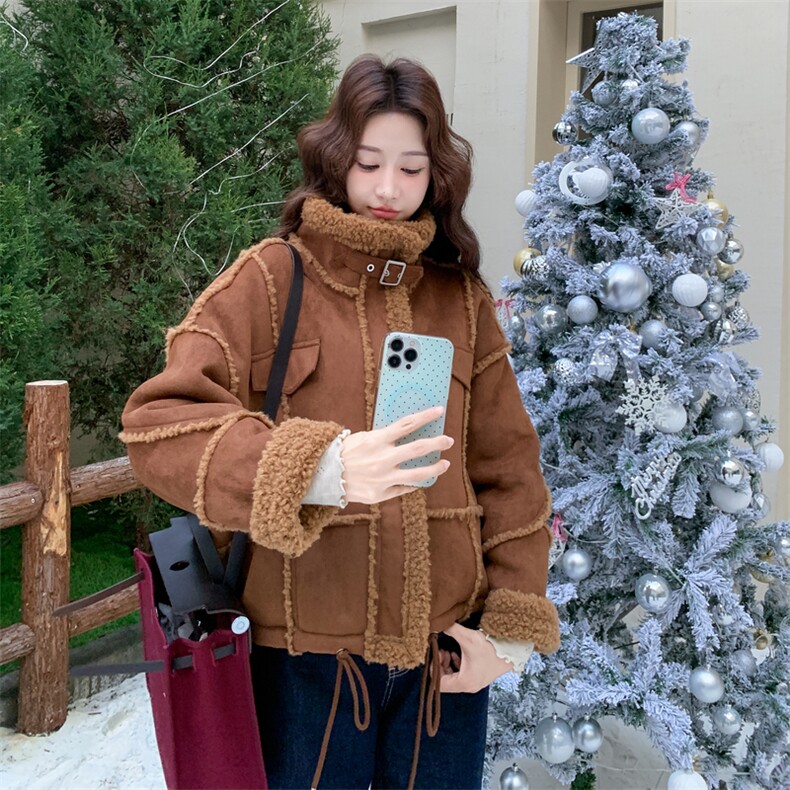 新品皮毛一体棕色羊羔毛外套2C273-1055-P185-K288,女装棉衣/棉服,2C273