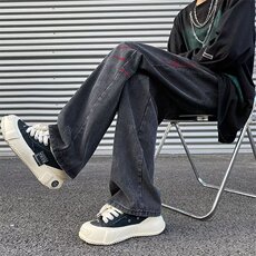 牛仔裤男春秋季潮牌高街复古休闲直筒裤设计感阔腿长裤N9902-P47，男装牛仔裤，星座208-5