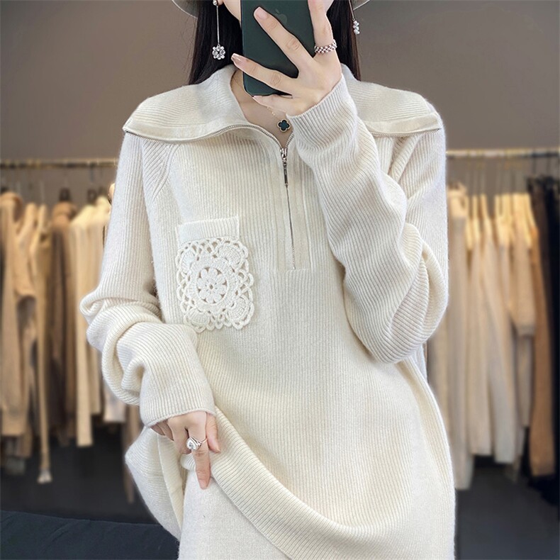 2025秋冬款100%羊毛衫高领半开拉链毛衣女宽松重工勾花羊绒针织衫，女装羊毛衫，江南羊绒