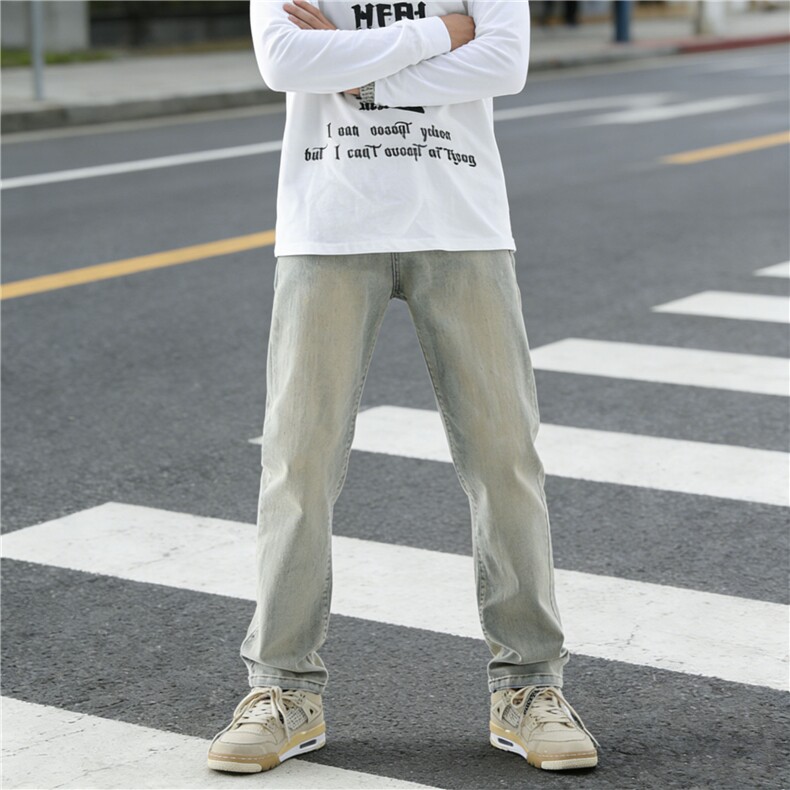 黄泥色秋冬季高街牛仔裤男宽松直筒潮流百搭长裤YZ87-P50/加绒P58,男装牛仔裤,星座509