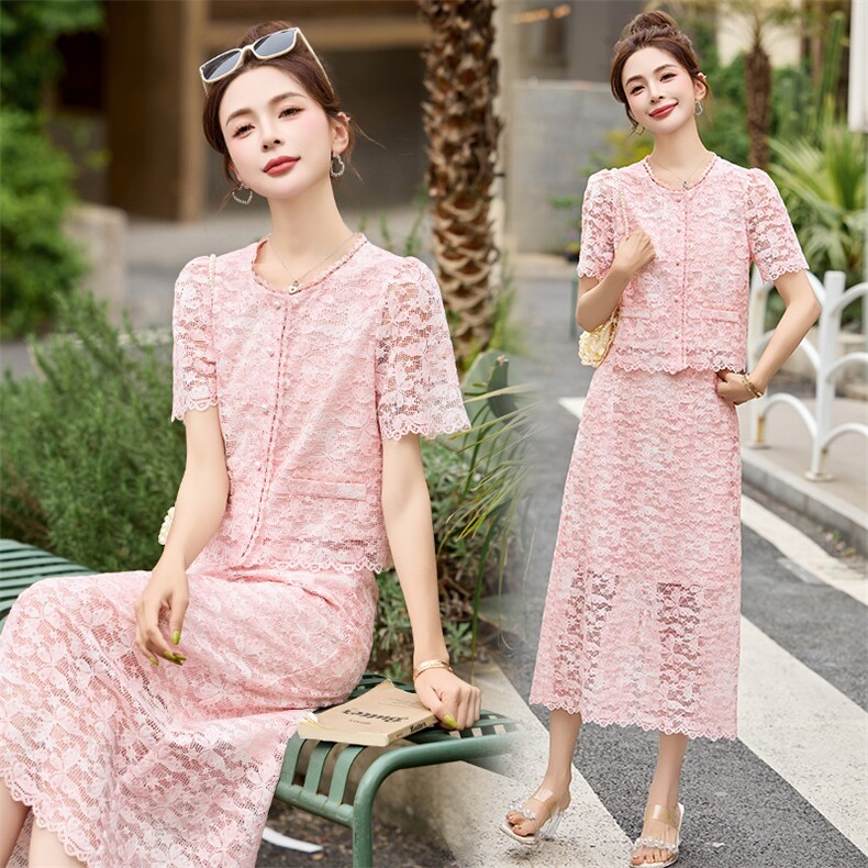 2026夏季新款法式高级感穿搭粉色蕾丝套装裙女时髦气质显瘦两件套，女装套装/套裙，美沁