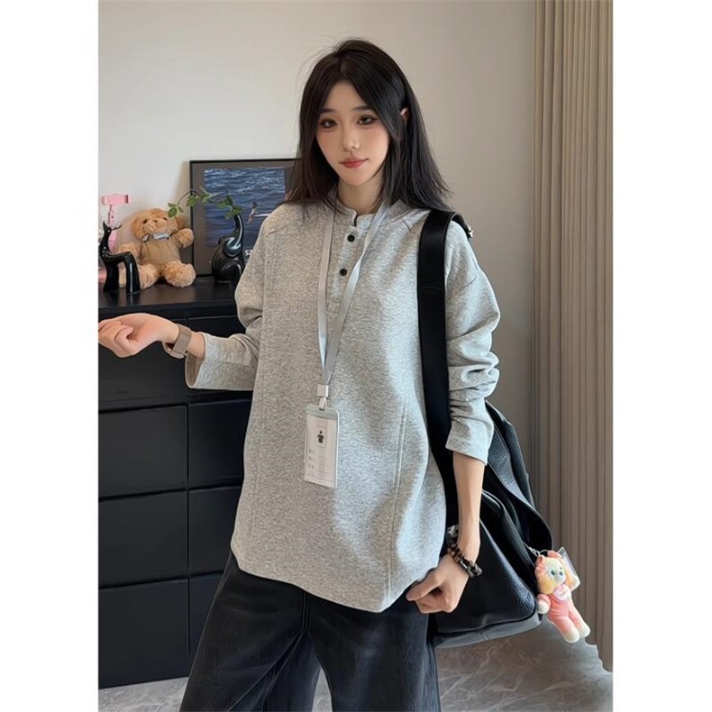 花灰色亨利领长袖t恤男秋季cleanfit正肩polo衫重磅宽松打底卫衣,男装T恤,四季星座505