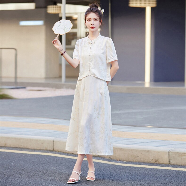 2024夏季新款竹子叶提花缎松紧腰真口袋新中式套装两件套裙女士潮,女装套装/套裙,新依时派