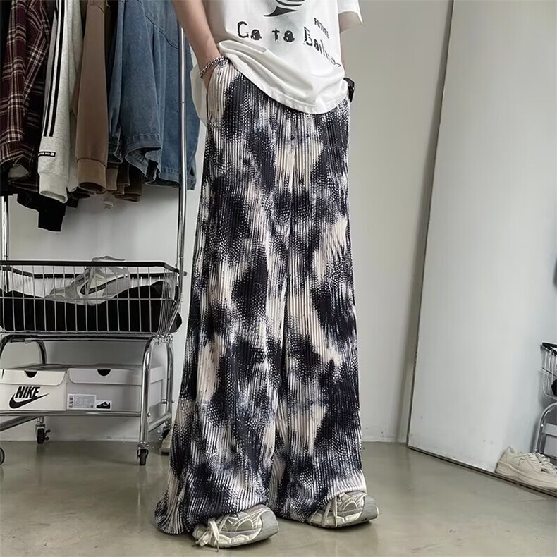 美式高街扎染渐变压褶皱压条冰丝设计感小众潮牌宽松直筒阔腿裤,男装休闲裤,星座1013