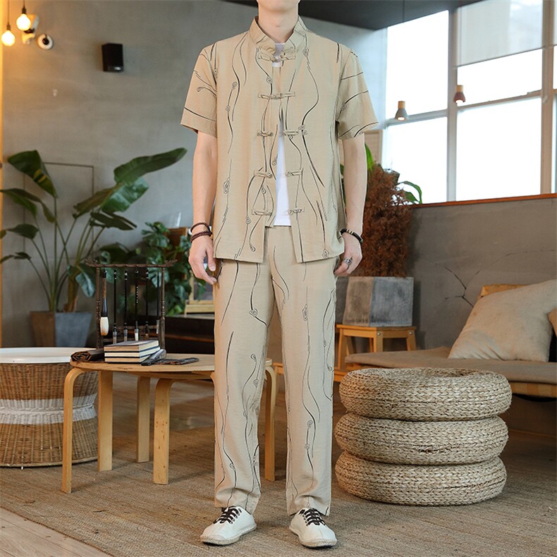 男士夏季风汉服棉麻透气舒适复古开衫唐装两件套HO6930-P65,男装民族服装,星座1105-3