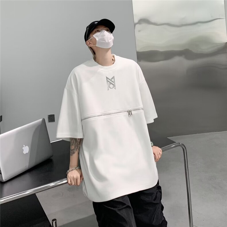 夏季小众金属印花垫肩T恤拉链设计感短袖高级宽松上衣TX06,男装T恤,星座1116A-1（原606A）