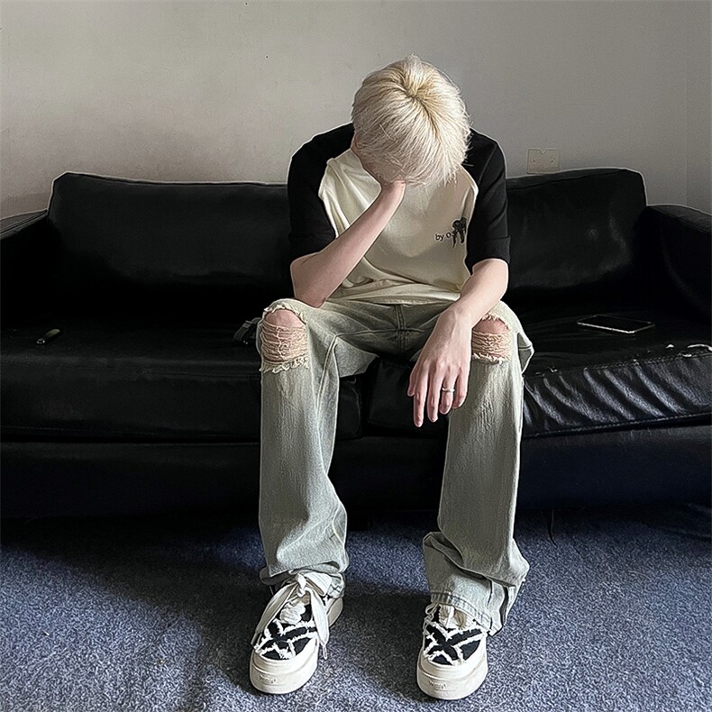 B221美式ins高街暗黑小众拉链破洞牛仔裤LK23076-P65控88,男装牛仔裤,电商B221
