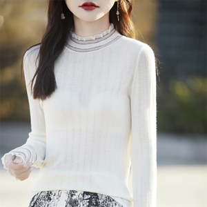 高级感打底衫2025春季蕾丝花边上衣女内搭半高领镂空针织衫羊毛衫图片