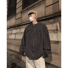 美式复古做旧水洗垫肩短款拼接牛仔外套潮牌金属设计8840-P78，男装工装外套，星座1109-3