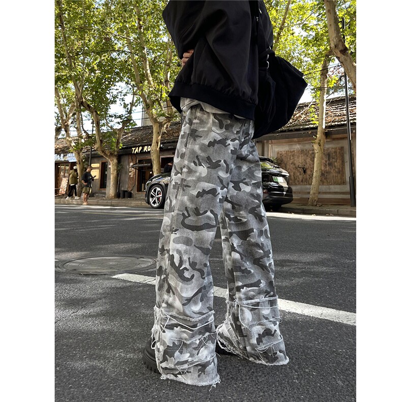 现货~黑白迷彩裤微喇毛边堆叠感工装休闲裤2XZ502-K771-P55控79，男装工装外套，星座502