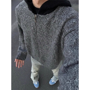 现货DMY503-批65黑灰色连帽毛衣开衫男秋冬针织衫外套图片