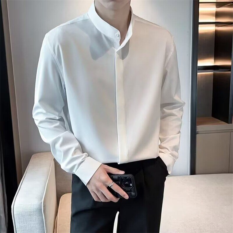 GS303P45新中式立领长袖白色衬衫纯色百搭日系垂感暗扣衬衣，男装衬衫，星座1108-5