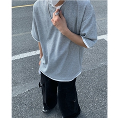 2026夏大码假两件华夫格五分短袖T恤男潮流宽松T6601/特P25灰，男装T恤，电商A094