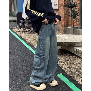 美式大口袋工装牛仔裤男冬季潮牌宽松休闲百搭直筒裤子RK2360-P53图片