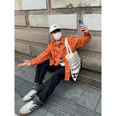 秋新款美式辣妹橘红格子色慵懒风防晒长袖衬衫衬衣C2234，男装衬衫，星座1116A（原606A-3）