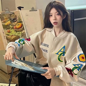 美式休闲彩虹碎花刺绣棒球服女春秋季新款设计感夹克外套ins潮图片