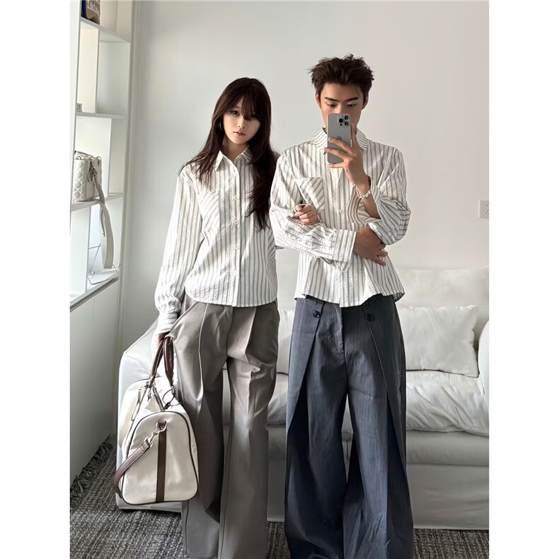 美式高街复古竖条纹长袖衬衫男春季潮牌宽松情侣休闲百搭休闲衬衣,男装衬衫,星座302B