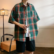 2026夏宽松潮男休闲五分袖衬衫半袖格子衬衣C800/P35绿色2，男装衬衫，电商A094