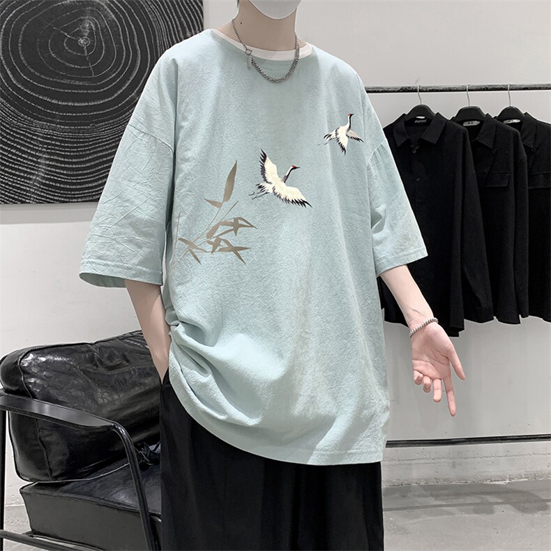 YT26394-P30亚麻短袖t恤男大码五分袖男宽松七分袖大皂风模特,男装T恤,电商A040