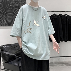 YT26394-P30亚麻短袖t恤男大码五分袖男宽松七分袖大皂风模特，男装T恤，电商A040