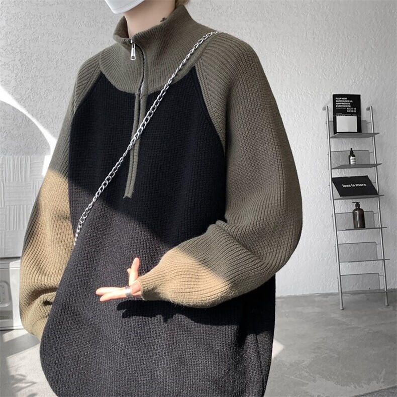 8XL-M撞色半拉链毛衣宽松慵懒风插肩袖大码针织衫外套MY1513/P75,男装针织衫/毛衣,电商B238