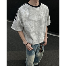 条纹扎染短袖t恤男2025新款夏季美式复古潮牌拼接大码插肩袖体恤，男装T恤，电商A058-1（原电商C417）