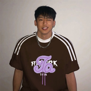 夏季美式高街重磅纯棉三条杠织带撞色男女短袖T恤ZD519-特P30图片