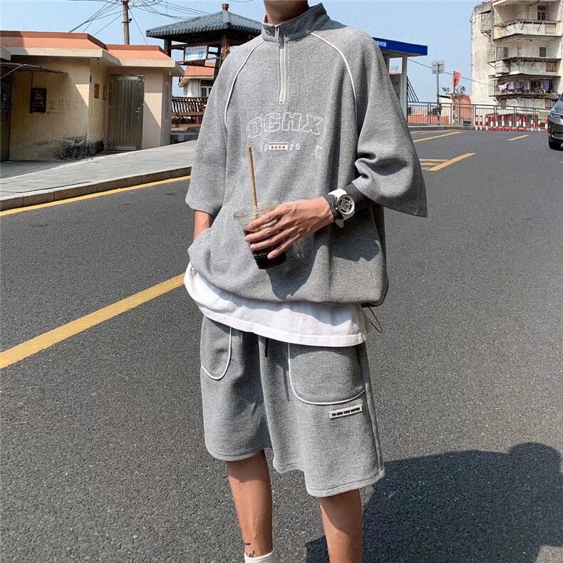 运动套装男高街潮流字母2023夏季新款ins个性帅气短裤W2456-P45,男装休闲套装,星座412-2