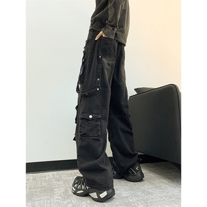 美式复古水洗多口袋工装牛仔裤男女同款宽松休闲百搭阔腿裤图片