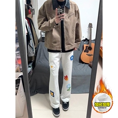 抖音得物高品质秋冬季重磅花卉刺绣潮流运动宽松加绒直筒休闲卫裤，男装休闲裤，电商A486