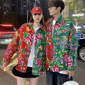 PC203情侣休闲东北大花拼接长袖衬衫外套男女宽松寸衣汉服演出服图片