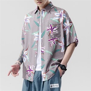 2021夏季新日系大码男无影墙沙滩情侣休闲短袖印花衬衫C3027-P35图片