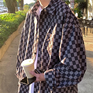 22格子衬衫男长袖宽松外套春秋港风宽松衬衣上衣DX167P45控58图片