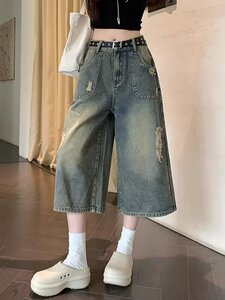 货潮牌cleanfit水洗直筒牛仔七分裤男美式复古宽松阔腿短裤图片