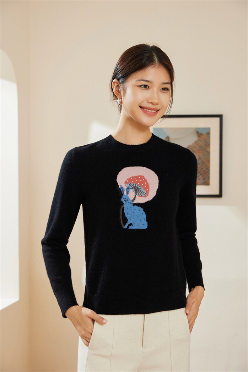 时尚女士圆领兔子提花时尚百搭通勤羊绒衫舒适保暖优雅百搭,女装羊绒衫,澳冬特羊绒