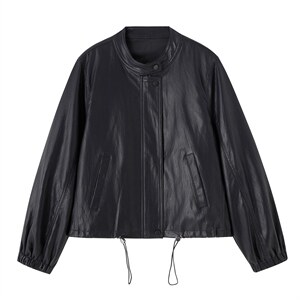 【春季女装新款】大量现货时尚休闲宽松立领短款皮衣外套，女装皮衣，缘衣格